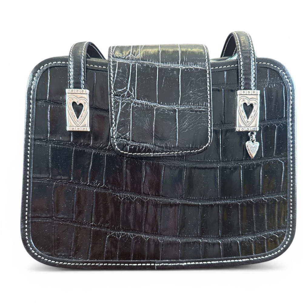 Brighton VTG Black Leather Satchel Shoulder Bag Dual Straps Silver Heart Charms
